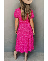 Rose Red Floral Print Pleated Drawstring Flowy Midi Dress - M