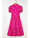 Rose Red Floral Print Pleated Drawstring Flowy Midi Dress - M