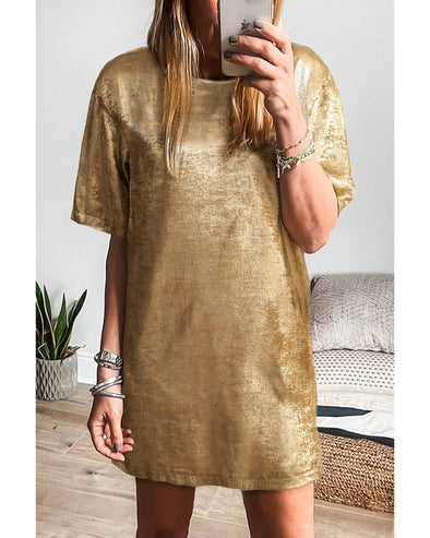 Gold Metallic Luster Crewneck Mini T-Shirt Dress - XL