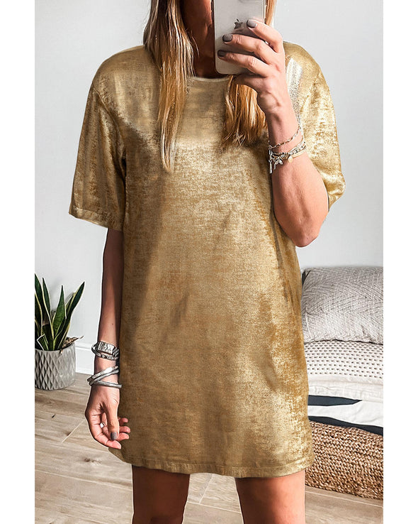 Gold Metallic Luster Crewneck Mini T-Shirt Dress - XL