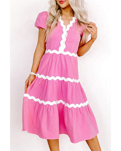 Bonbon Ric Rac Trim Short Puff Sleeve Flowy Midi Dress - L