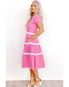 Bonbon Ric Rac Trim Short Puff Sleeve Flowy Midi Dress - L