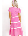 Bonbon Ric Rac Trim Short Puff Sleeve Flowy Midi Dress - L