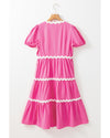 Bonbon Ric Rac Trim Short Puff Sleeve Flowy Midi Dress - L