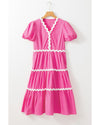 Bonbon Ric Rac Trim Short Puff Sleeve Flowy Midi Dress - L
