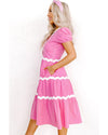 Bonbon Ric Rac Trim Short Puff Sleeve Flowy Midi Dress - M