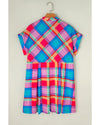 Light Blue Multicolor Plaid Short Sleeve Babydoll Mini Dress - L