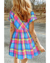 Light Blue Multicolor Plaid Short Sleeve Babydoll Mini Dress - L