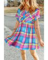 Light Blue Multicolor Plaid Short Sleeve Babydoll Mini Dress - M