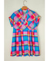 Light Blue Multicolor Plaid Short Sleeve Babydoll Mini Dress - M
