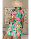 Green Floral Puff Sleeve Collar Buttoned Babydoll Dress - XL