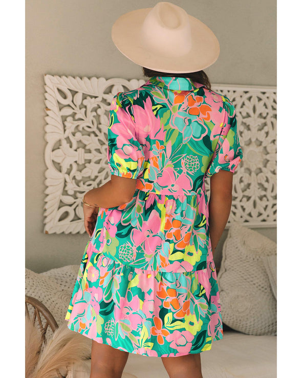 Green Floral Puff Sleeve Collar Buttoned Babydoll Dress - XL