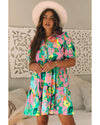 Green Floral Puff Sleeve Collar Buttoned Babydoll Dress - XL