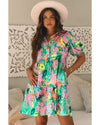 Green Floral Puff Sleeve Collar Buttoned Babydoll Dress - XL