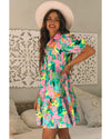 Green Floral Puff Sleeve Collar Buttoned Babydoll Dress - XL