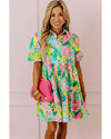 Green Floral Puff Sleeve Collar Buttoned Babydoll Dress - XL