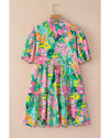 Green Floral Puff Sleeve Collar Buttoned Babydoll Dress - XL