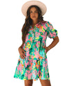 Green Floral Puff Sleeve Collar Buttoned Babydoll Dress - XL