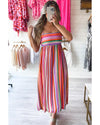 Multicolour Striped Thin Straps Smocked Back Boho Maxi Dress - L
