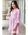 Pink Stripe Ruffled Hem Button-up Collared Shirt Mini Dress - L