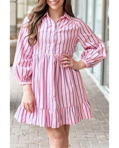 Pink Stripe Ruffled Hem Button-up Collared Shirt Mini Dress - M