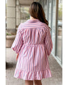 Pink Stripe Ruffled Hem Button-up Collared Shirt Mini Dress - M