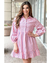 Pink Stripe Ruffled Hem Button-up Collared Shirt Mini Dress - M