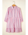 Pink Stripe Ruffled Hem Button-up Collared Shirt Mini Dress - M