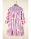Pink Stripe Ruffled Hem Button-up Collared Shirt Mini Dress - M
