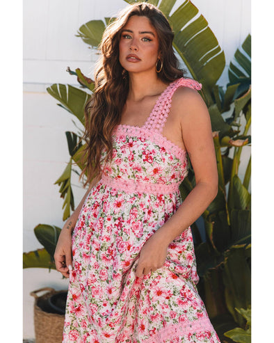 Pink Floral Lace Tied Strap Empire Waist Maxi Dress - XL