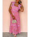 Rose Floral Lace Tied Strap Empire Waist Maxi Dress - M