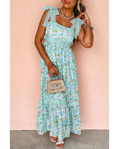 Green Floral Lace Tied Strap Empire Waist Maxi Dress - L