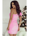 Pink Sequin One Shoulder Puff Sleeve Bodycon Mini Dress - XL