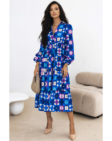 Blue Floral Peasant Sleeve Tiered Ruffle Midi Dress - L