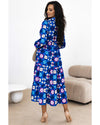 Blue Floral Peasant Sleeve Tiered Ruffle Midi Dress - M
