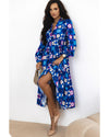 Blue Floral Peasant Sleeve Tiered Ruffle Midi Dress - M