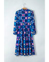 Blue Floral Peasant Sleeve Tiered Ruffle Midi Dress - M