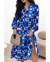 Blue Floral Peasant Sleeve Tiered Ruffle Midi Dress - M