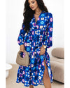 Blue Floral Peasant Sleeve Tiered Ruffle Midi Dress - M