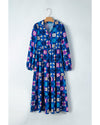Blue Floral Peasant Sleeve Tiered Ruffle Midi Dress - M