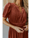 Chestnut Velvet Short Sleeve Shirred Waist Tiered Maxi Dress - XL