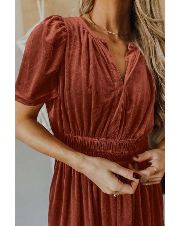 Chestnut Velvet Short Sleeve Shirred Waist Tiered Maxi Dress - XL