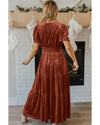Chestnut Velvet Short Sleeve Shirred Waist Tiered Maxi Dress - XL