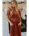 Chestnut Velvet Short Sleeve Shirred Waist Tiered Maxi Dress - XL