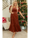 Chestnut Velvet Short Sleeve Shirred Waist Tiered Maxi Dress - XL
