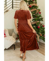 Chestnut Velvet Short Sleeve Shirred Waist Tiered Maxi Dress - XL