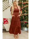 Chestnut Velvet Short Sleeve Shirred Waist Tiered Maxi Dress - XL