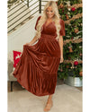 Chestnut Velvet Short Sleeve Shirred Waist Tiered Maxi Dress - XL