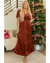 Chestnut Velvet Short Sleeve Shirred Waist Tiered Maxi Dress - XL