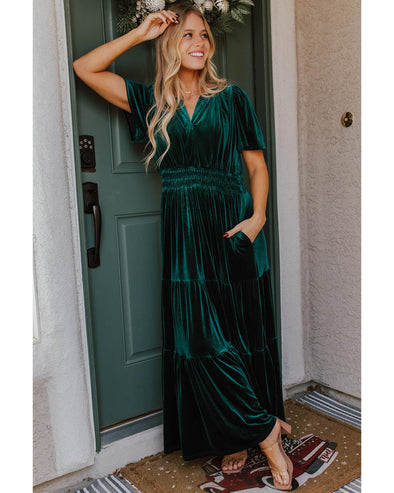 Evergreen Velvet Short Sleeve Shirred Waist Tiered Maxi Dress - M